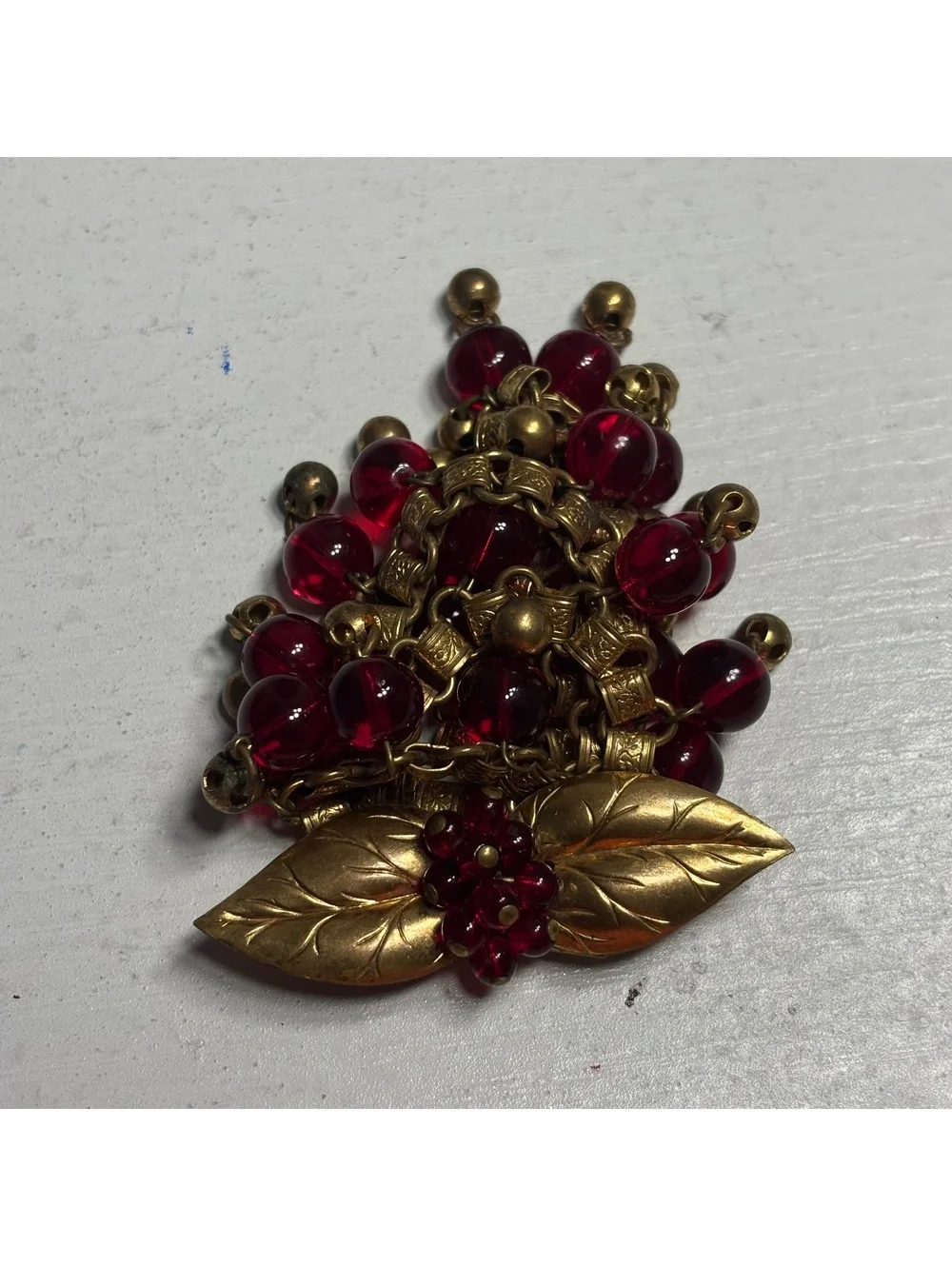 Early Verified Miriam Haskell Red Glass & Brass Bead Large Brooch